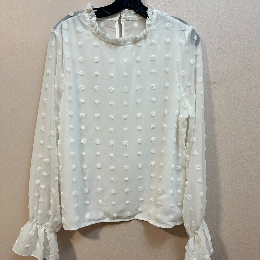White Textured Puff Sleeve Blouse Size L